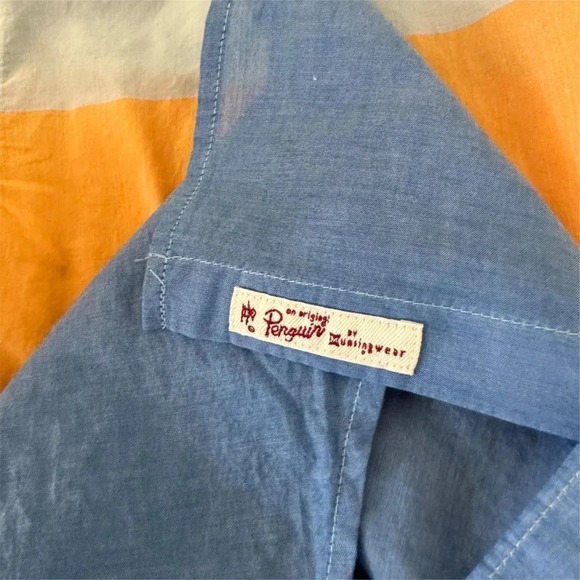 Penguin Mens Shirt Size  XL SS Slim Fit Blue Yellow Pale Blue Stripe - Picture 5 of 9
